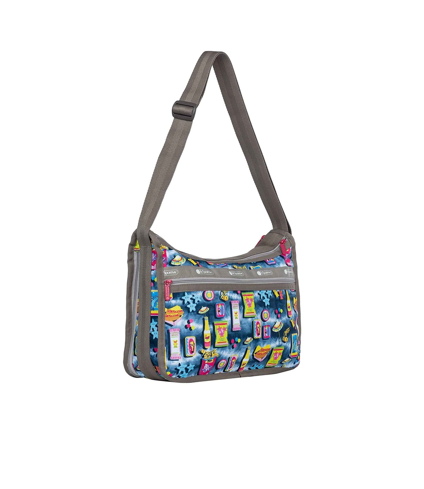 LeSportsac Beach Snacks Deluxe Everyday Crossbody Bag + Cosmetic Bag, Style 7507/Color F949, Vibrant Pop Art Style Beachy Graphics: Hot Dogs, French Fries & Tropical Drinks, Unique Hot Pink Zip Pull