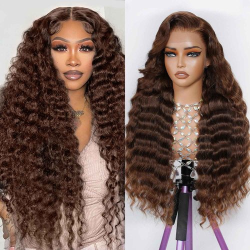 Finsa 28 Inch Chocolate Brown Deep Wave Lace Front Wig Human Hair 13x6 200 Density Hd Lace Front Glueless Wigs Curly Wig Human Hair Pre Plucked With Baby Hair