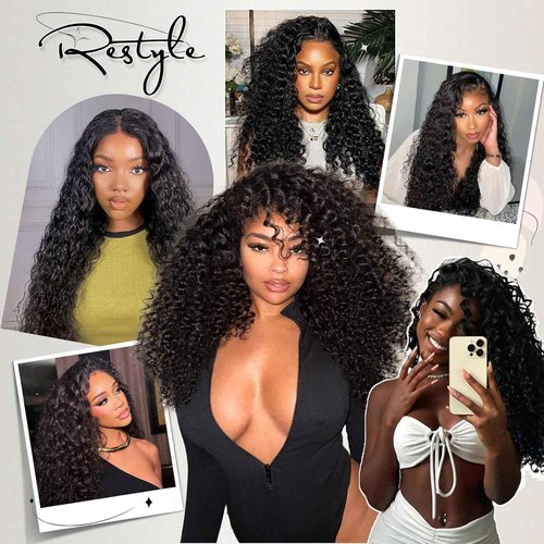 Human Hair Bundles Water Wave Bundles Human Hair With Frontal Closure (18 20 22 +16，Free Part) 12A Curly 3 Bundle With 13x4 HD Lace Frontal With Baby Hair 1B# Curly Wave Human Hair Extensions
