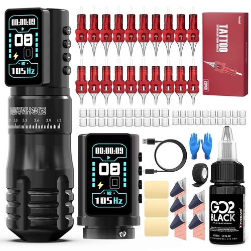 Wormhole Tattoo Gun Kit Xtreme Tattoo Ink Aluminum Alloy Wireless Tattoo Machine with 2Pcs 2300mAh Battery Adjustable Tattoo Pen Rotary Complete Professional Tattoo Kit for Artists - Black
