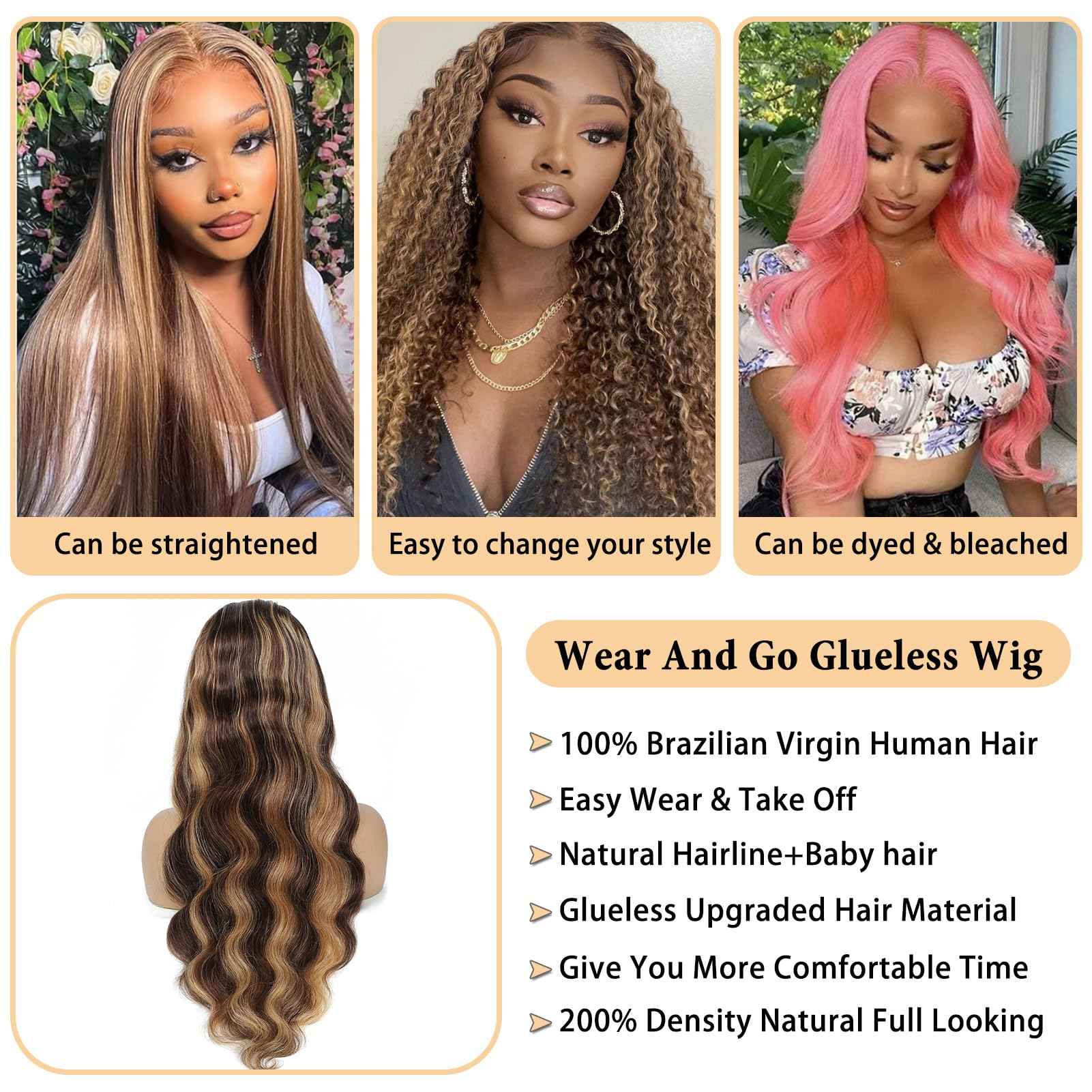 24 Inch Highlight Ombre Glueless Wigs Human Hair Pre Plucked Pre Cut 200% Density 5x5 HD Lace Closure Wigs Human Hair Honey Blonde Body Wave Wear and Go Glueless Wig for Women 3X Longer Lifespan