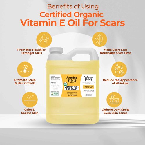 Organic Vitamin E Oil Bulk - 32oz USDA Certified 100% All Natural Plant Based - Light and Unscented Great for Scars After Surgery - For Face, Skin and Nails - Anti-Aging, Reduce Appearance of Wrinkles