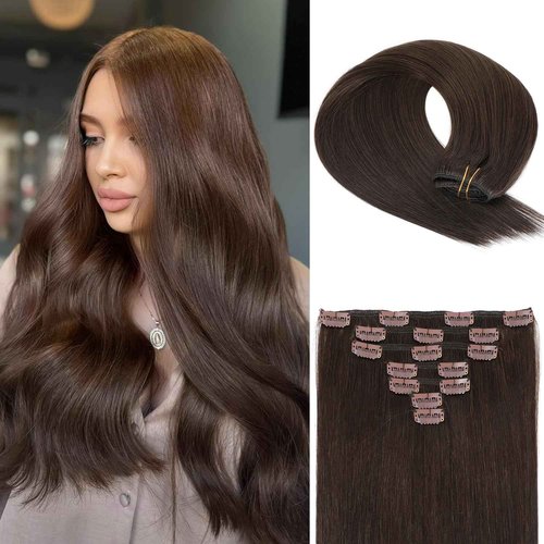 BELLECHO Clip in Hair Extensions Real Human Hair, Silky Straight Real Remy Human Hair Extensions Clip ins, Dark Brown Clip in Extensions for Women, 20inch 120g 7Pcs, 2# Dark Brown