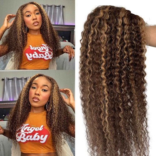 Licoville Ombre Lace Front Wigs Human Hair 22 Inch Curly Highlight Lace Frontal Wig Mixed with Brown Roots Wear and Go 4/27 Honey Blonde Water Wave Human Hair Wig 150% Density