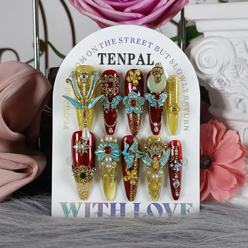 TENPAL 10Pcs Heirloom Chinese Bridal Press On Nails With Tools,Red Gold Phoenix Dragon Designs Fake Nails Long Stiletto,Full Crystals Heavy Relief Luxury Wedding Set Glue on Nails for Cheongsam(L)