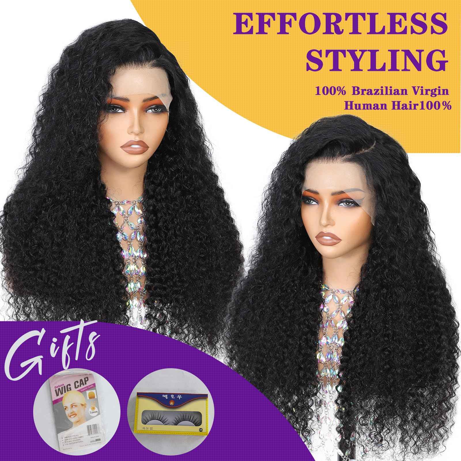 Gulenme 13x6 Deep Wave Lace Front Wigs Human Hair 200 Density Pre Plucked HD Transparent 100% Lace Frontal Wigs Deep Curly Wet and Wavy lace front human hair Wigs for Women（ 30 inch ， Natural Black）