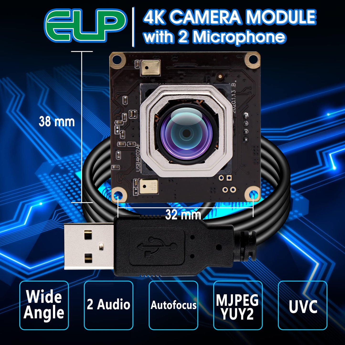 4K USB Camera Module Autofocus with Dual Microphone for Computer and Raspberry Pi Mini UVC USB2.0 Webcam Board 8mp Industrial Lightburn Camera IMX415 PC Camera Audio Video Web Camera for Laptop