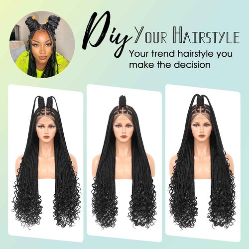 Fecihor 36 Inch 13X8 HD Lace Front Box Braided Wigs With Boho Curly Ends Knotless Braided Wig For Women Premium Synthetic Braids Lace Front Wig With Baby Hair Natural Black