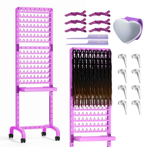 Sunnacate Braiding Hair Rack 280 Pegs with Tray and Braid Tools, Mobile Braid Rack with Wheels, Height Adjustable, Standing Braider Rack Stand Separator Hair Extension Holder Hanger for Salon Home