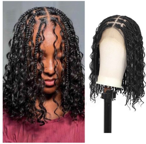 Olymei 12inch 13x8 Hd Lace Front Braided Wigs for Women Knotless Boho Braided Wigs Short Box Braid Wig with Baby Hair Premium Synthetic Curly Braided Lace Front Wigs Natural Black