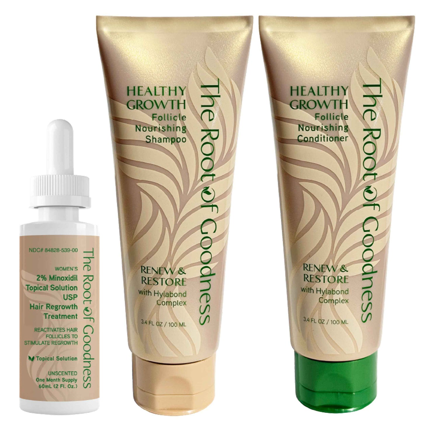 Joyce Giraud Root of Goodness 3 Step Hair Regrowth System with Shampoo, Conditioner and Minoxidil Topical Solution, Renew & Restore with Hylabond Complex