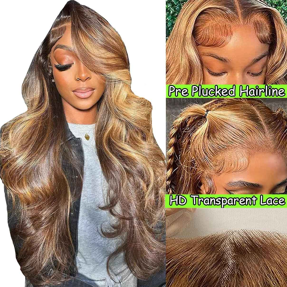 20 Inch Highlight Honey Blonde Lace Front Wig 13×6 Ombre P4/27 Highlight colored Lace Front Wigs Human Hair Pre Plucked Bleached Knots 180% Density