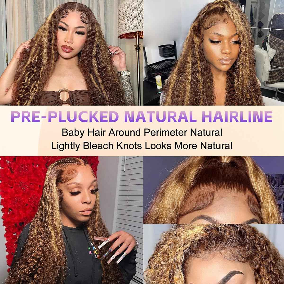 Highlight Lace Front Wig Human Hair 13x4 Ombre Deep Wave Wigs Human Hair 180% Density Honey Blonde Colored Deep Curly HD Lace Frontal Wigs for Black Women Wet Wavy Pre Plucked with Baby Hair(26 Inch)