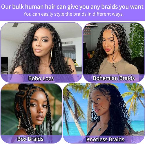 Human Braiding Hair for Boho Braids Human Hair 3 Bundles/Pack 110g 24 Inch Deep Wave Bulk Human Hair for Braiding Curly Knotless 12A Brazilian Virgin Ombre Balayage