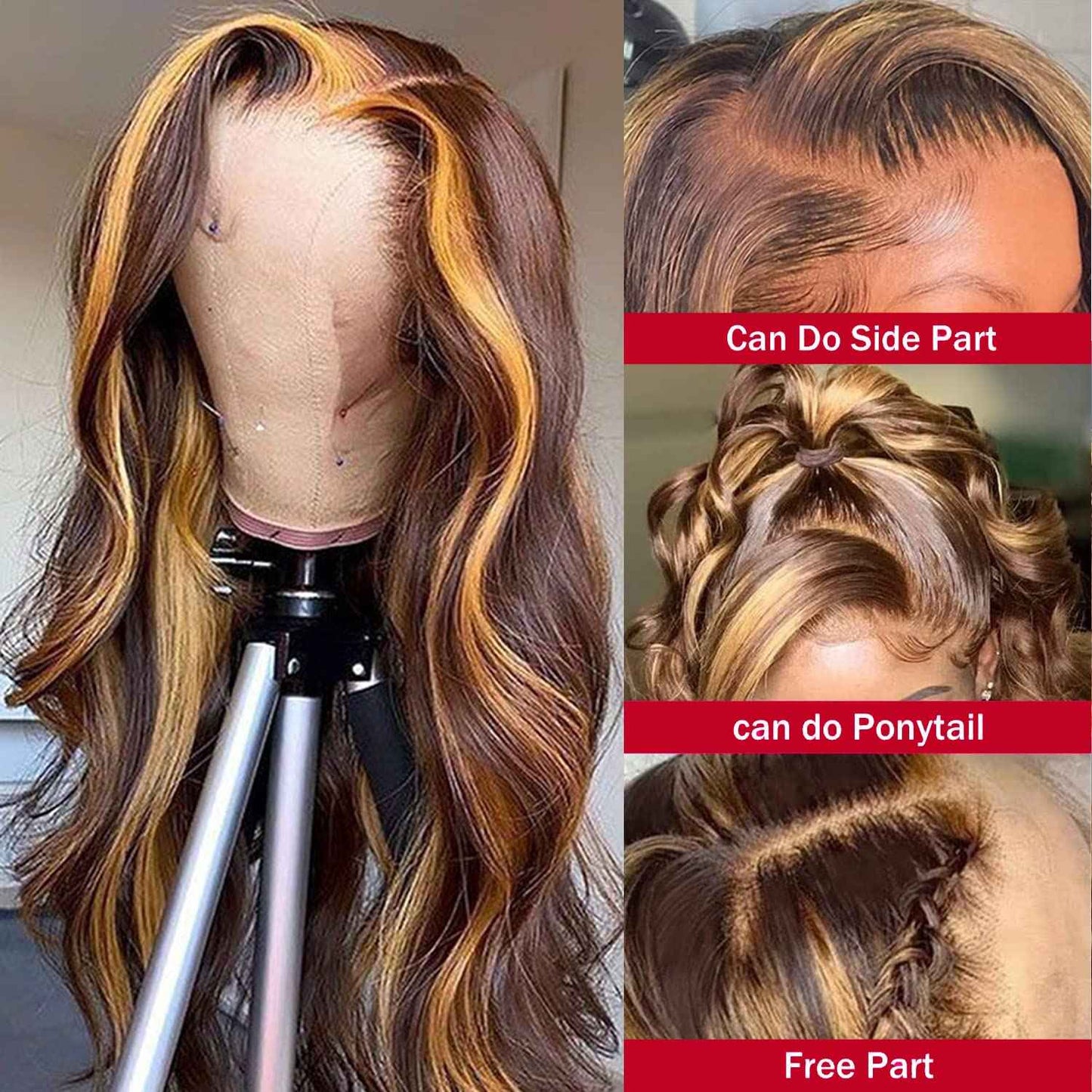 LAPONDAI Highlight Ombre 13x4 HD Lace Front Wig Human Hair Pre Plucked Transparent 4/27 Honey Blonde lace frontal Wigs with Baby Hair 150% Density Colored Lace Front wig Human Hair for Women 28 Inch