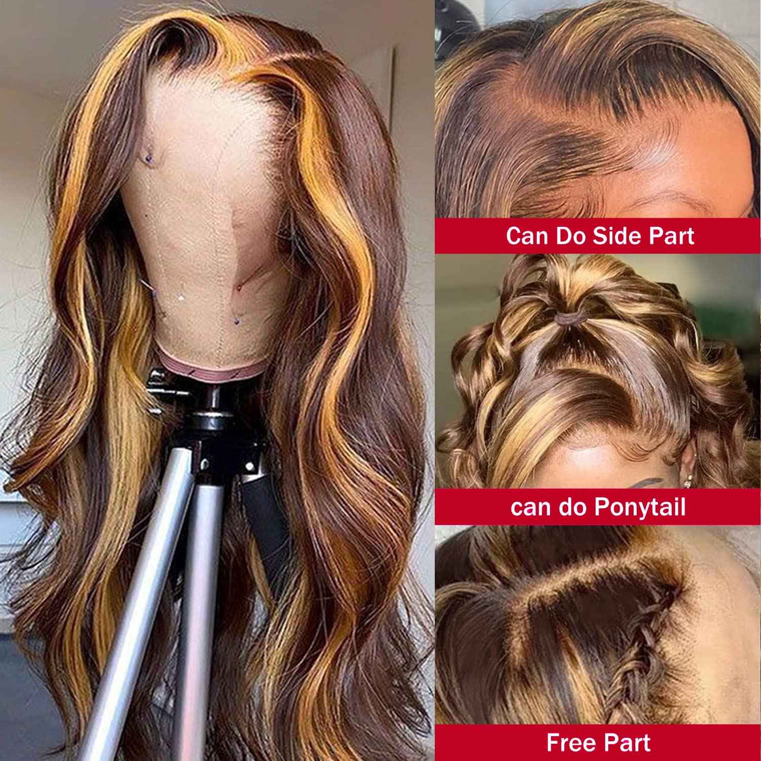 LAPONDAI Highlight Ombre 13x4 HD Lace Front Wig Human Hair Pre Plucked Transparent 4/27 Honey Blonde lace frontal Wigs with Baby Hair 150% Density Colored Lace Front wig Human Hair for Women 28 Inch