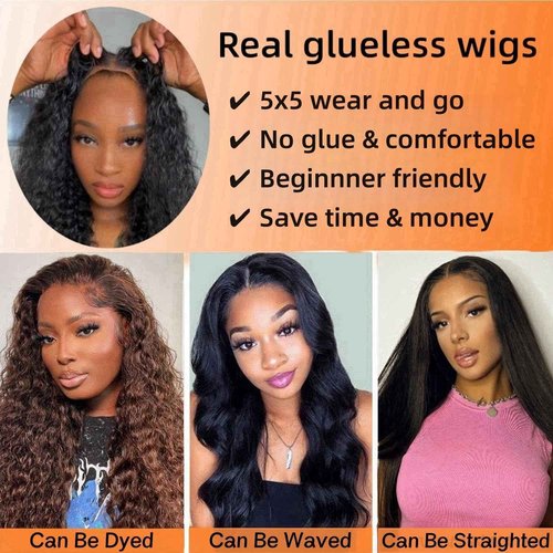 ONICE Glueless Wigs Human Hair Pre Plucked 5x5 HD Lace Closure Human Hair Wigs For Black Women Wear And Go Deep Wave Glueless Wig (Black,18Inch)