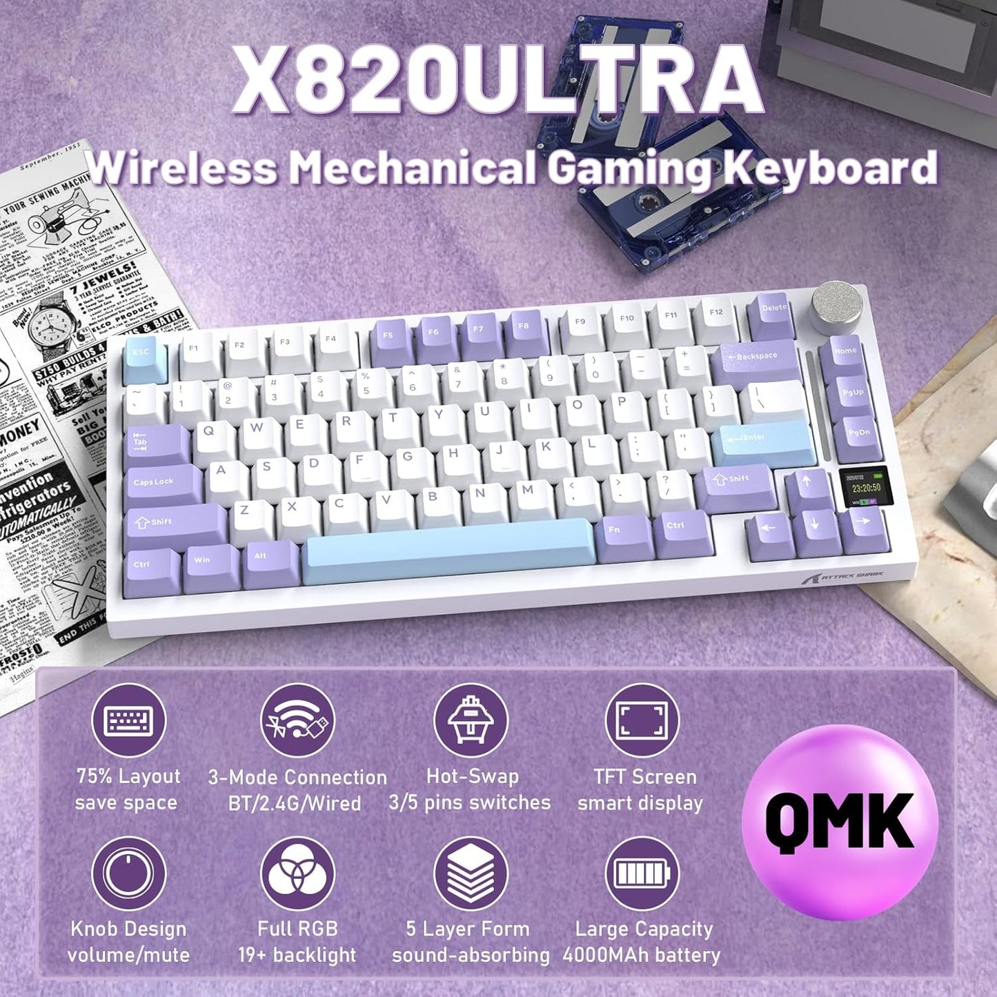 Attack Shark ajazz AK820 Pro 75% Mechanical Keyboard and Coiled Cable Hot Swappable Wireless 2.4GHz/Bluetooth/Wired TFT Screen & Knob Flying Fish Switch RGB Gasket Mount Custom Keyboard-Black