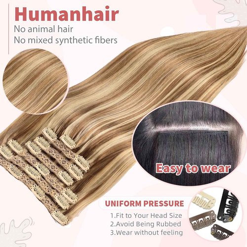 DIYOMO human hair clip in extensions Soft&Natural 120g 7pcs hair extensions real human hair clip insHair Straight&Invisible (18 Inch, 18/613)