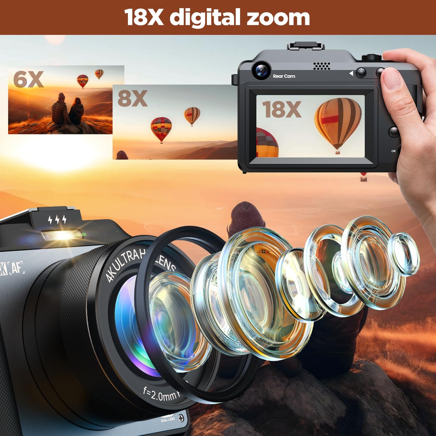 4K Digital Camera for Photography 64MP Auto-Focus Vlogging YouTube Camera with 3'' Dual Cameras 18X Travel Compact Cameras with Flash, 2 Batteries & Charger, 64GB Card for Beginner