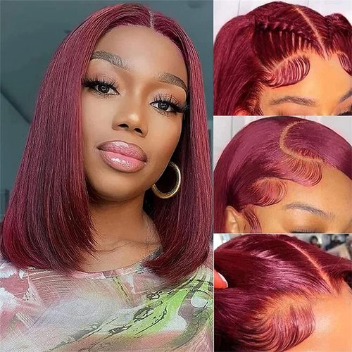 99J Burgundy Lace Front Wigs Human Hair 13x4 HD Lace Frontal Glueless Straight Short Bob Wig Human Hair 180% Density Bob Wigs for Black Women Human Hair Pre Plucked Natural Hairline Wine Red 14 Inch