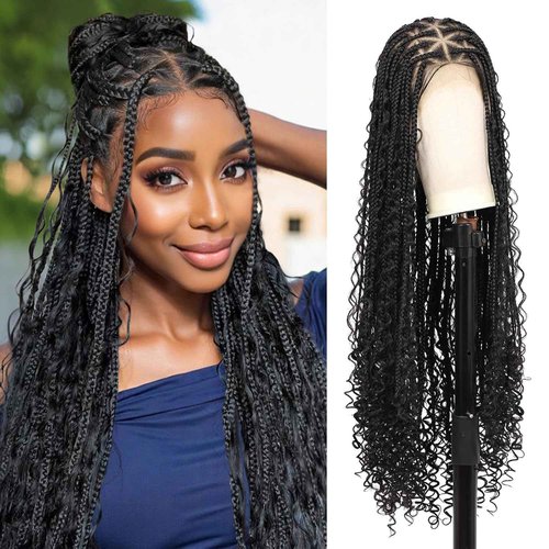 Kalyss Knotless Braided Wigs for Women 13x8 HD Lace Front Braided Wig with Baby Hair Boho Box Braid Wigs Black Premium Synthetic Braid Wig 36 Inch