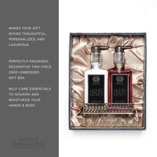 Antica Farmacista Nickel Bath & Body Gift Set - Hand & Body Wash (10 oz), Body Moisturizer (10 oz) & Nickel-Plated Tray - Self-Care Gift Box for Holidays & Housewarming - Liquid Velvet