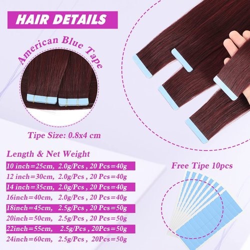 Tape in Hair Extensions Human Hair Burgundy Hair Extensions 22 Inch Glue in Brazilian Hair Double Sided Tape in Extension 20pcs Adhesive Tape ins Thick End 50g(22",#99J,50g)