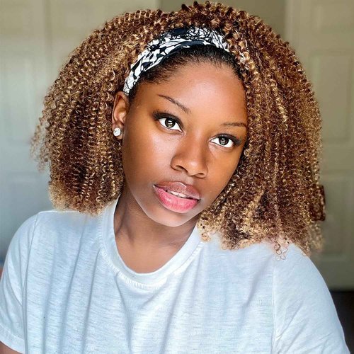 Domiso Honey Blonde Afro Kinky Curly 3 In 1 Half Wig with Drawstring Highlight 4/27 Kinky Curly Flip Over Glueless Wig Headband Wig Elastic Band Clip in Human Hair Bob Wig 14 Inch