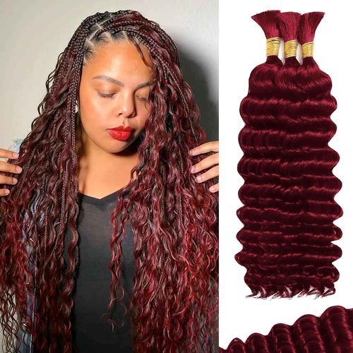 Afihond Human Braiding Hair For Boho Braids Deep Water Wave Human Bulk Hair for Braiding 12A Brazilian Virgin Human Hair Extensions for Boho Braids 3 Bundles/Pack 110g 99J Red Burgundy 24inch