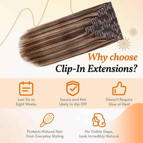 VKHAIR Clip in Hair Extensions Real Human Hair 20 inch, 8Pcs/120g Human Hair Clip in Extensions, Seamless Clip in Hair Extensions Human Hair #4/27 Medium Brown/Dark Blonde, 20 Inch