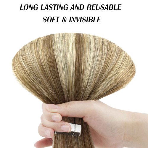 Sassina Tape in Extensions Human Hair Invisible Double Side Skin Weft Tape in Remy Hair Extensions Dark Brown to Blonde 18 Inch 50 Grams 20 Pcs #T3-P3-60