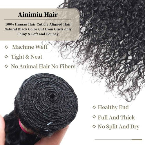 Ainimiu Jerry Curly Wave Human Hair 4 Bundles Brazilian Raw Virgin Hair Weave Bundles Jerry Curly Wet And Wavy 12A Grade Long Unprocessed Human Hair Extensions Natural Black 100g/pc 16 18 20 22inch