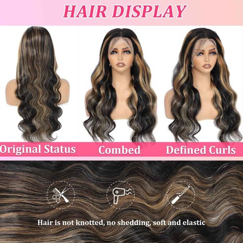 Juvid 13x6 Balayage Wig Human Hair Body Wave HD Transparent Lace Front Glueless Wigs Pre Plueked FB/27 Highlight Ombre Honey Blond Wig 200% Density colored Lace Frontal Human Hair Wigs 20inch