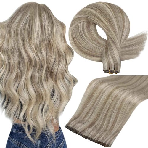 Full Shine Genius Weft Hair Extension Remy Hair Weft Extensions Color Ash Blonde Highlight Bleach Blonde Hand Tied Hair Extensions 24 Inch 60G Human Hair Sew In Extensions