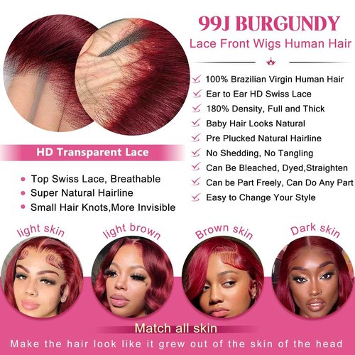 Lukymart 99j Burgundy Body Wave Lace Front Wigs Human Hair 13x6 HD Transparent Lace 180% Density Wine Red Colored 22 Inch