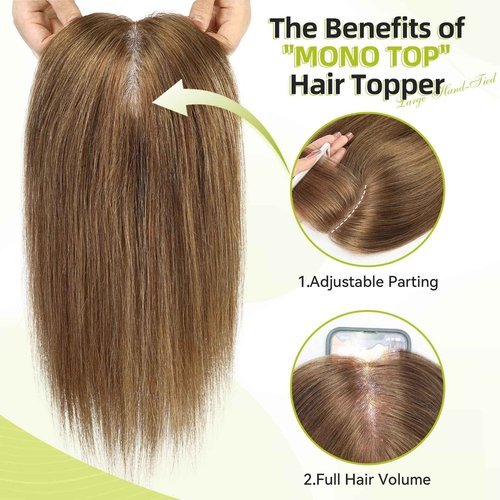 RSY Medium Brown Hair Toppers for Women with Thinning Hair, 100% Real Human Hair Pieces for Women, 5"*5" Mono Top 14 Inch Clip in Extensions with No Bangs
