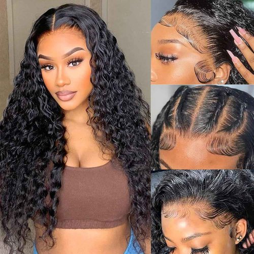 FCUFCU 22 Inch Deep Wave Lace Front Wigs Human Hair 200% Density 13x6 HD Lace Frontal Wigs Human Hair Pre Plucked with Baby Hair Deep Curly Wigs for Black Women Natural Color