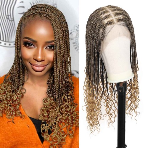Kalyss 13x8 Hd Lace Front Knotless Braided Wigs for Black Women Box Braid Wig with Curly Ends with Baby Hair Premium Synthetic Braided Lace Front Wigs 24" Light Brown