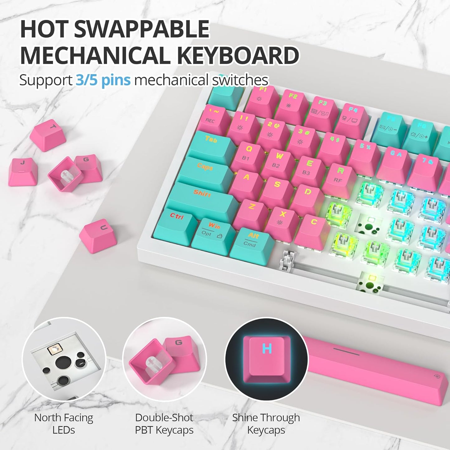 400PRO 75% Wireless Creamy Mechanical Keyboard Pink, Gasket Hot Swappable RGB Gaming Keyboard Bluetooth/2.4GHz/USB-C Cute Key Board with Pre-lubed Cream Grey Switches (82 Pink White)