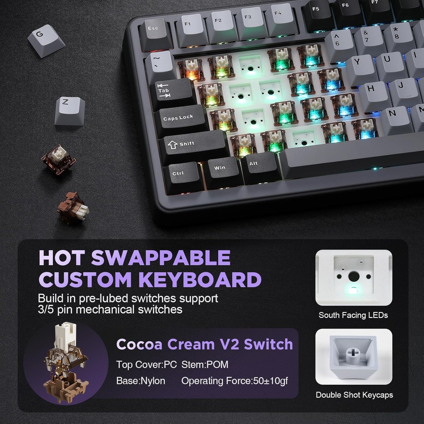 YUNZII B75 Mechanical Keyboard,75% Layout with Knob,Hot Swappable RGB Backlit Gasket Mounted, Creamy Typing, Double-Shot PBT Keycaps,Cherry Profile,for Win/Mac (Black, Blue Grey Tactile Switch)