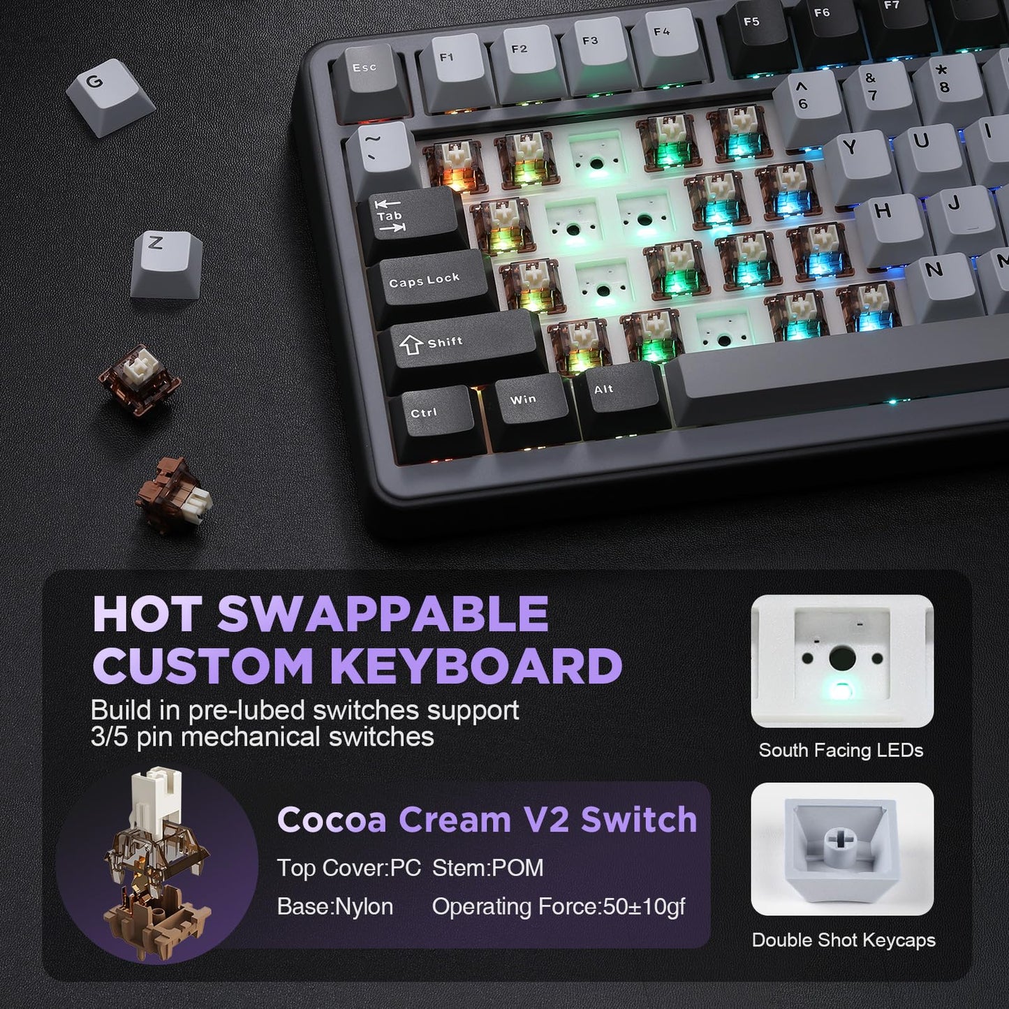 YUNZII B75 Mechanical Keyboard,75% Layout with Knob,Hot Swappable RGB Backlit Gasket Mounted, Creamy Typing, Double-Shot PBT Keycaps,Cherry Profile,for Win/Mac (Dark Grey, Cocoa Cream V2 Switch)