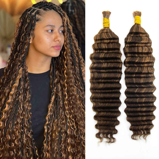 KRN 4/27 Braiding Hair Deep Wave Bulk Human Braiding Hair 2 Bundles/Pack 100g Curly Hair for Boho Braids 12A Salt And Pepper Braiding Human Hair No Weft Wet and Wavy Braiding Hair Extensions 24 Inch