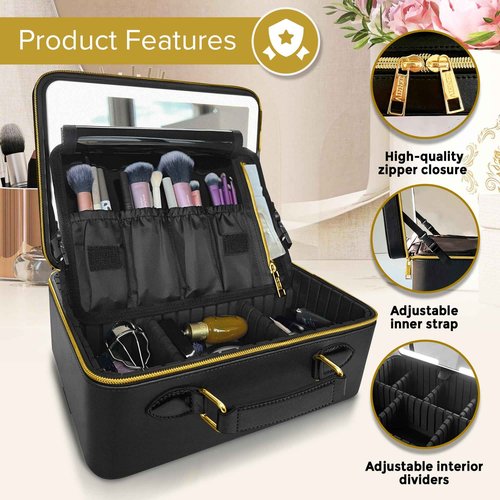 JENNI V Upscale PU Leather Makeup Bag with Light Up Mirror, 3 Brightness Settings, Adjustable Dividers - Replace Your Bulky Vanity While On the Go - Chic Travel Makeup Case Box - Makeup Organizer Bag