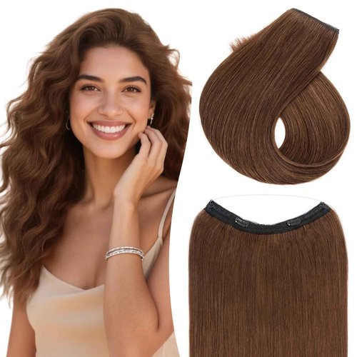 TESS Human Hair Extensions Halo Remy Hair 14 Inch Straight Adjustable Invisible Wire Easy to Use Clip in, Chocolate Brown