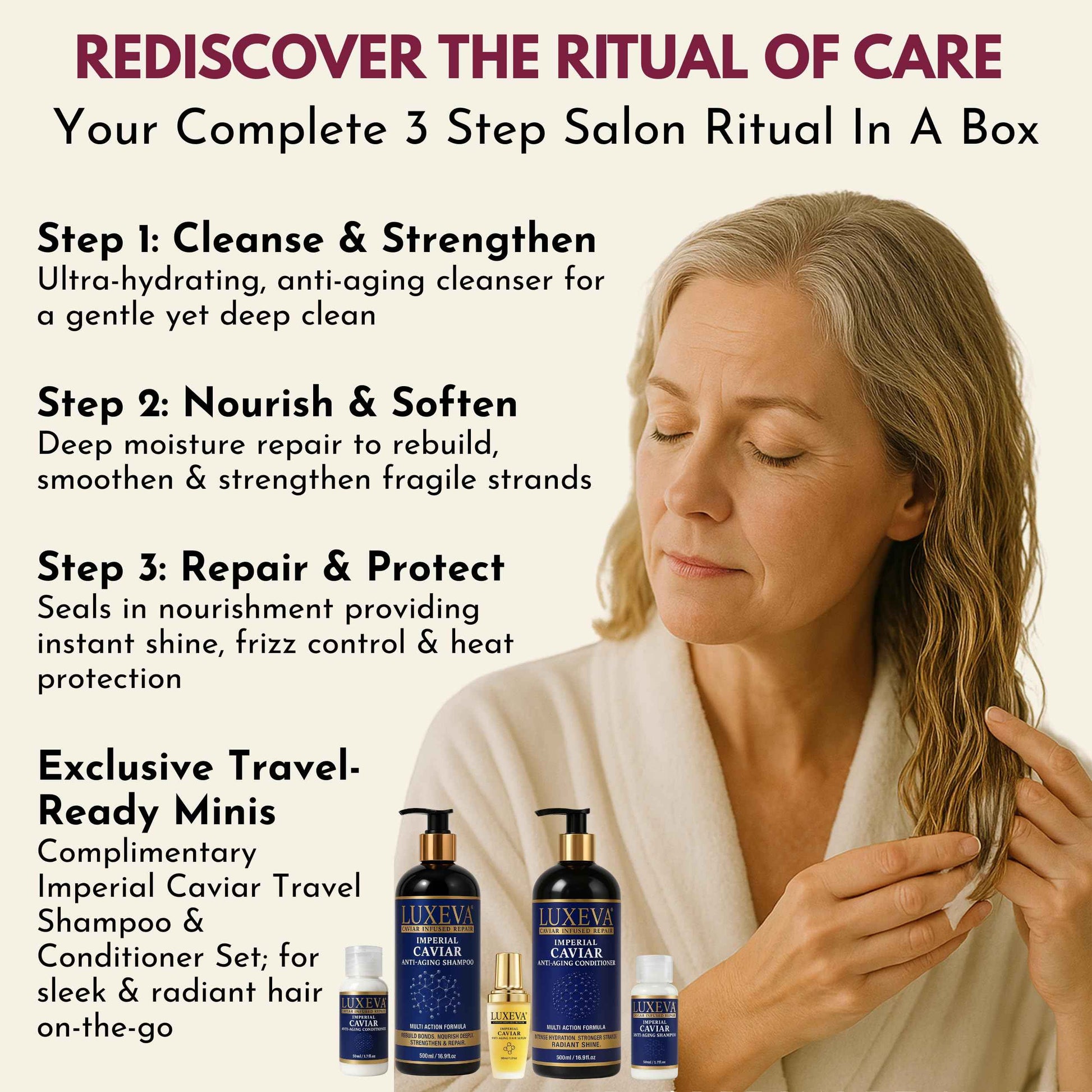 LUXEVA 3 in 1 Imperial Caviar Hydrating Shampoo & Conditioner Set For Bond Repair, Dry, Damaged & Anti-Aging Hair Care. Moisturizing Sulfate Free Shampoo & Conditioner For Women, Men | 90 Days Supply