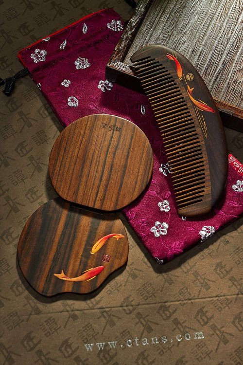 Tan Mujiang Premium Wooden Comb, Anti-Static, Natural Wood, Happy Bloom Set 1