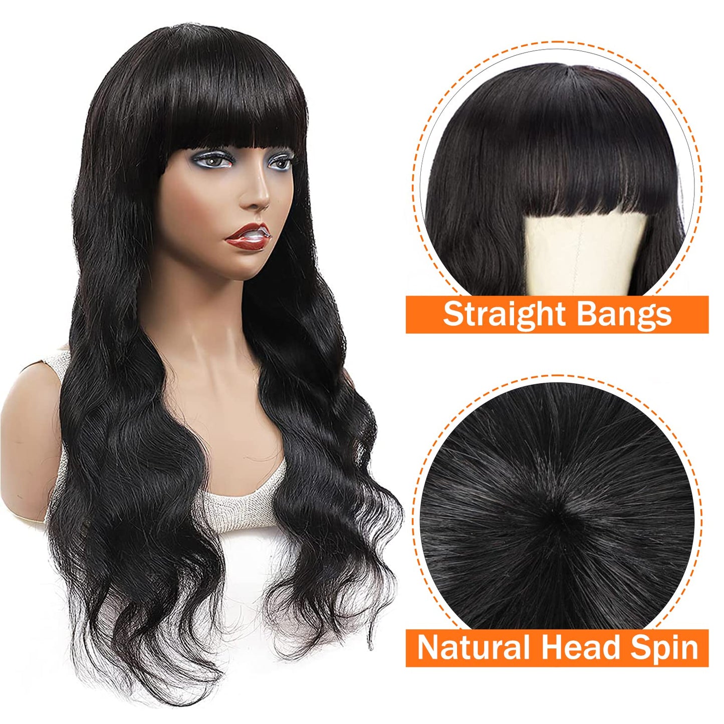 Lativ Human Hair Wigs with Bangs Body Wave Bang Wigs for Black Women Human Hair 150% Density Brazilian Glueless None Lace Front Wig Human Hair Natural Color(22 Inch, Body Wave)