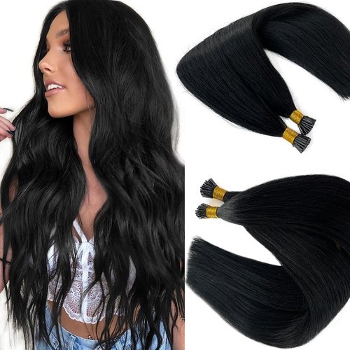 24Inch Long Straight Jet Black I Tip Hair Extensions Human Hair Pre Bonded I Tips Hair Extensions for Women Silky Straight Jet Black Real Human Hair I Tip Extensions Cold Fusion 50g Thick Ends