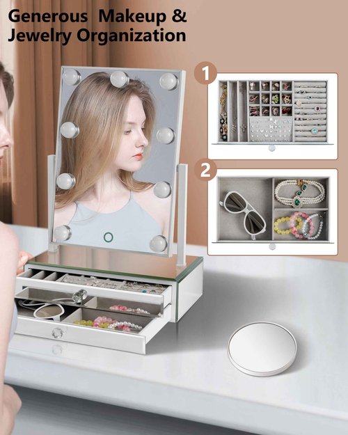 Star Vision 2-in-1 Large Lighted Hollywood Mirror & Glass Jewelry Organizer, 3 Color Tones & Dimmable Light, 2-Layer Drawers, Luxury Crystal Diamond Effect Surface, Includes a 10X Magnification Mirror